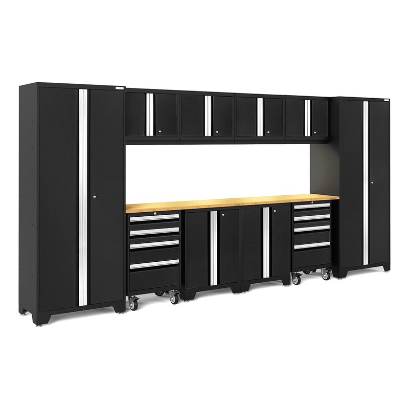 NewAge Products Bold Black 12-Piece Garage Storage Cabinet System with Bamboo Worktops and LED Lights