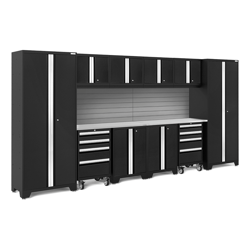 NewAge Products Bold Black 12-Piece Garage Cabinet Set with Stainless Steel Worktops and LED Lights