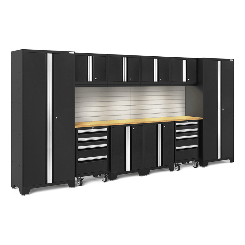 NewAge Products Bold Black 12-Piece Garage Cabinet Set with Bamboo Worktops, LED Lights and Steel Slatwall Backsplash