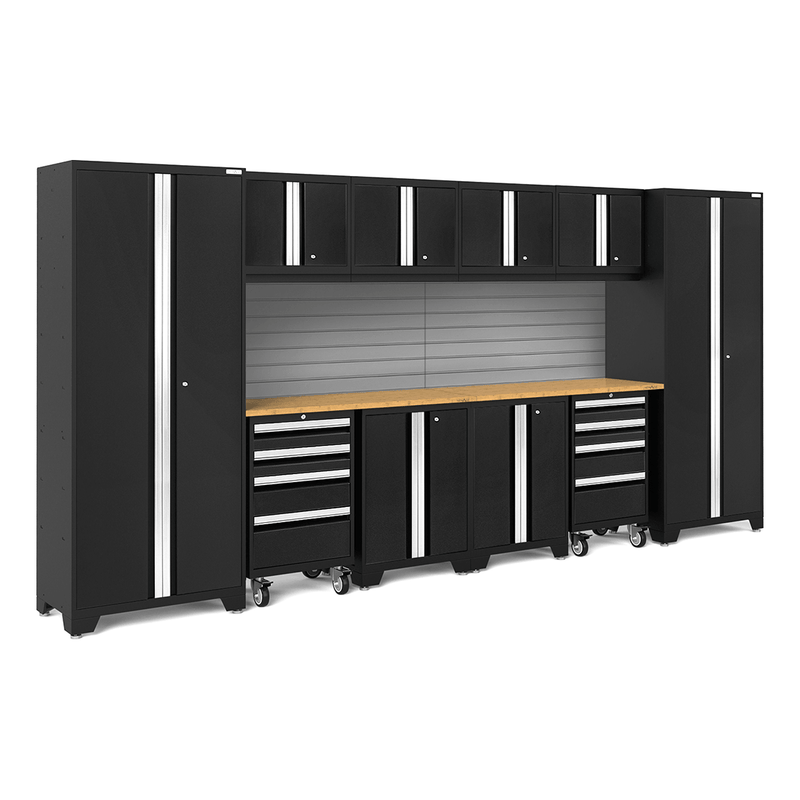 NewAge Products Bold Black 12-Piece Garage Cabinet Set with Bamboo Worktops and LED Lights
