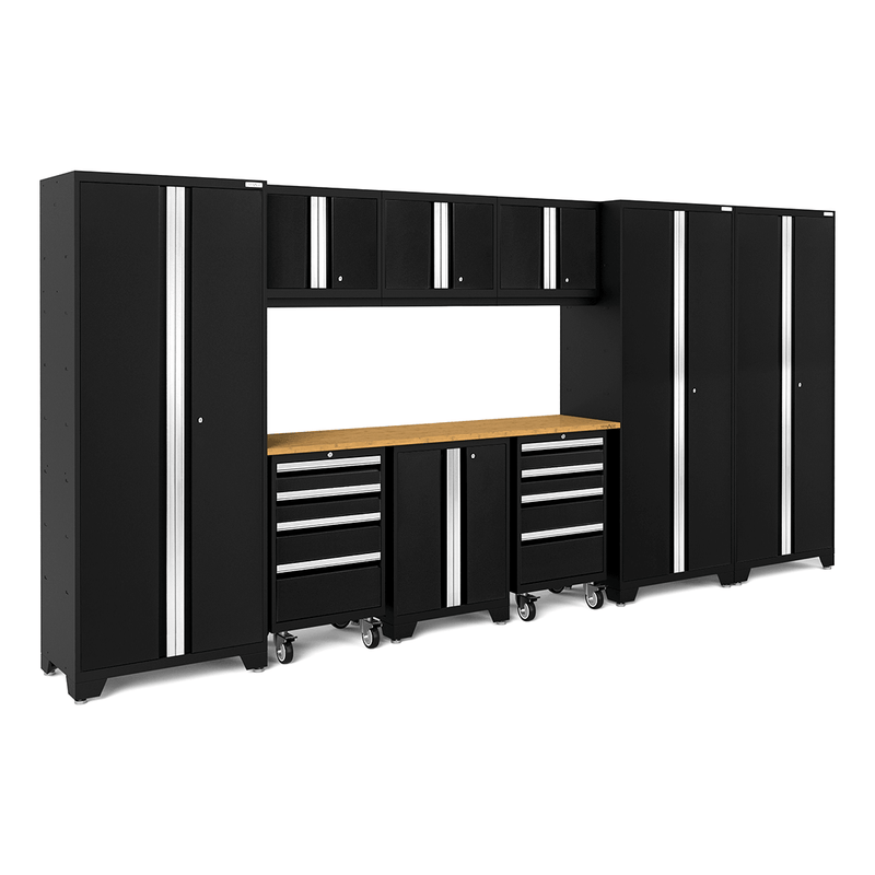 NewAge Products Bold Black 10-Piece Garage Cabinet System with Bamboo Worktop