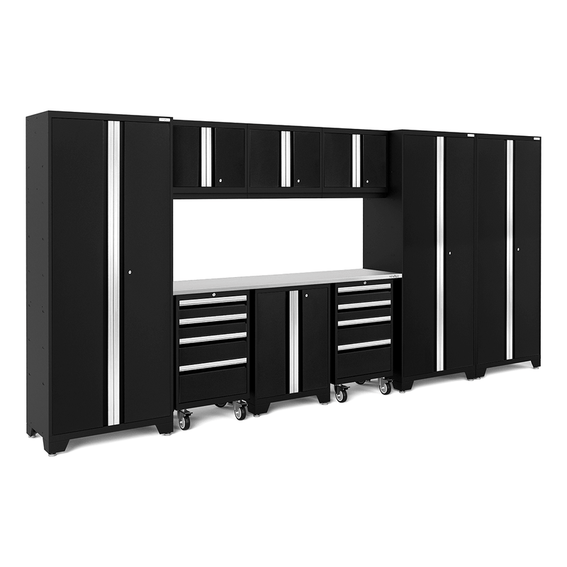 NewAge Products Bold Black 10-Piece Garage Cabinet System with Stainless Steel Worktop