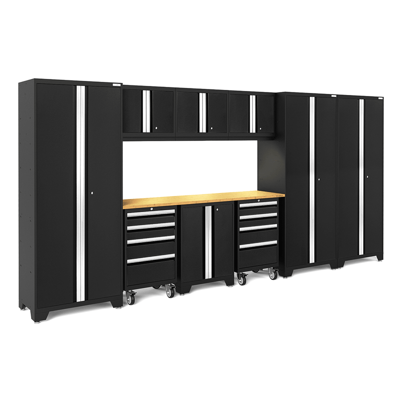 NewAge Products Bold Black 10-Piece Garage Cabinet Set with Bamboo Worktop and LED Lights