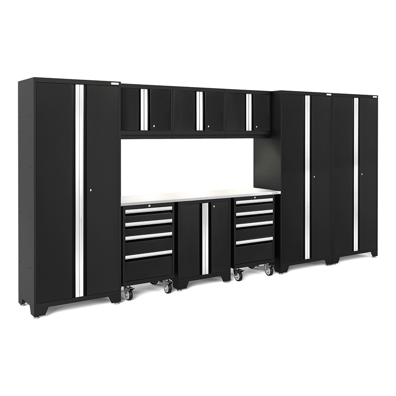 NewAge Products Bold Black 10-Piece Garage Cabinet Set with Stainless Steel Worktop and LED Lights