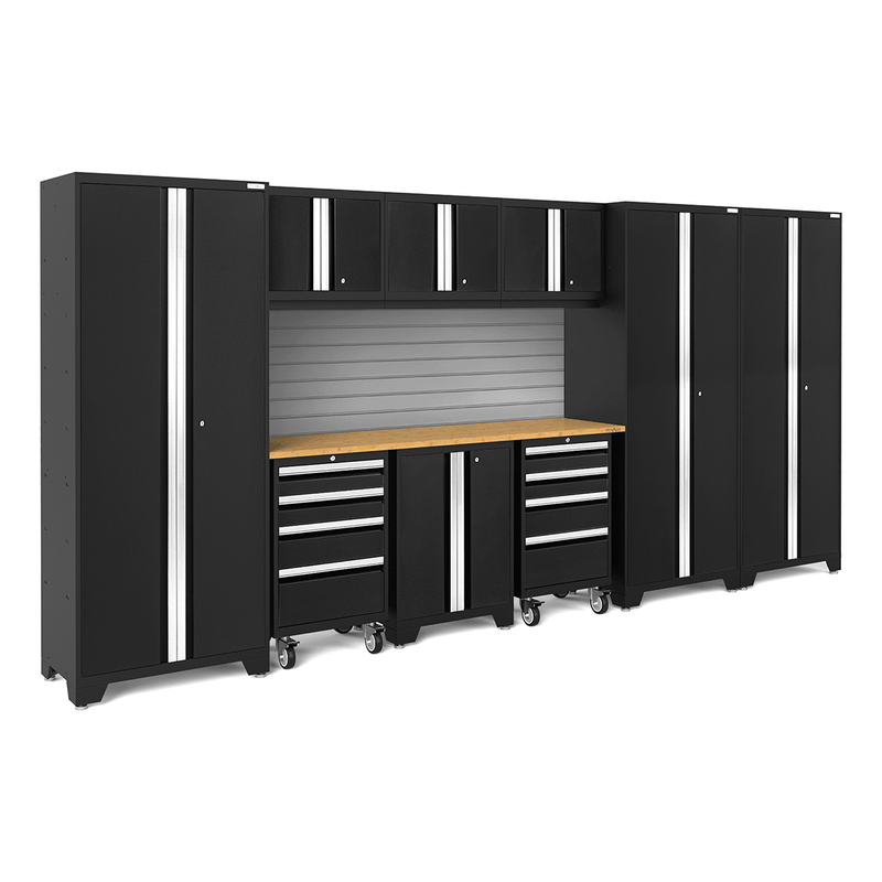 NewAge Products Bold Black 10-Piece Garage Cabinet Set with Bamboo Worktop and Steel Slatwall Backsplash