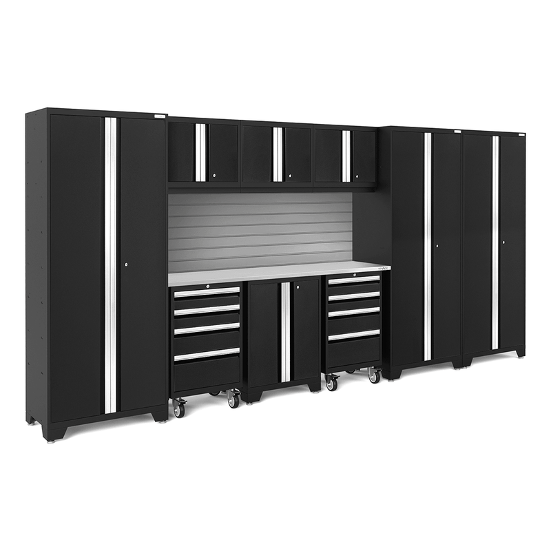 NewAge Products Bold Black 10-Piece Garage Cabinet Set with Stainless Steel Worktop and Steel Slatwall Backsplash