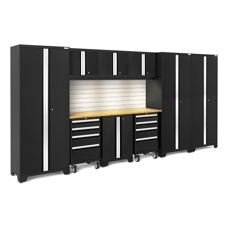 NewAge Products Bold Black 10-Piece Garage Cabinet Set with Bamboo Worktop, LED Lights and Steel Slatwall Backsplash