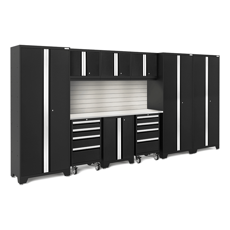 NewAge Products Bold Black 10-Piece Garage Cabinet Set with Stainless Steel Worktop, LED Lights and Steel Slatwall Backsplash