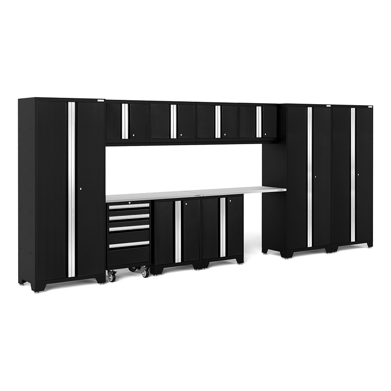 NewAge Products Bold Black 12-Piece Garage Cabinet Set with Stainless Steel Worktops