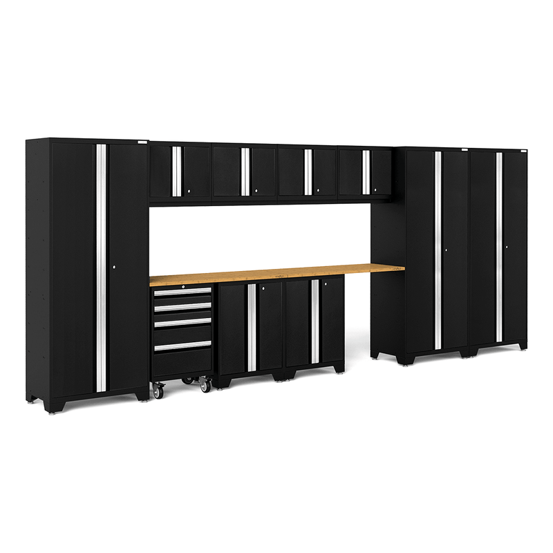 NewAge Products Bold Black 12-Piece Garage Cabinet Set with Bamboo Worktops