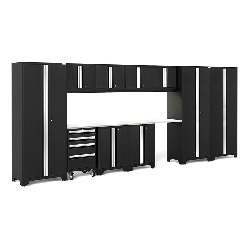 NewAge Products Bold Black 12-Piece Garage Cabinet Setup with Stainless Steel Worktops and LED Lights