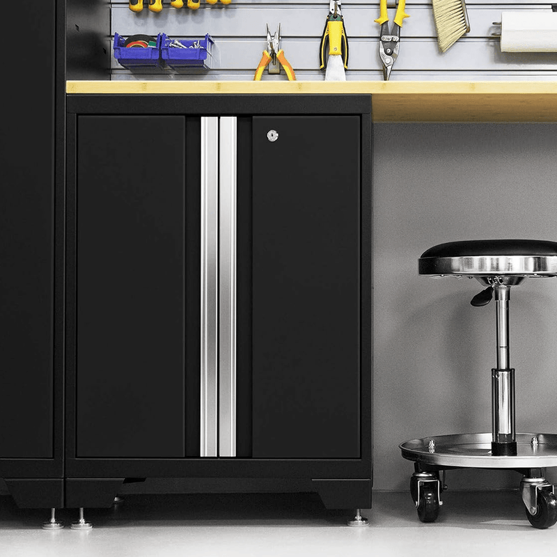 NewAge Products Bold Black 12-Piece Garage Cabinet Setup with Stainless Steel Worktops and LED Lights