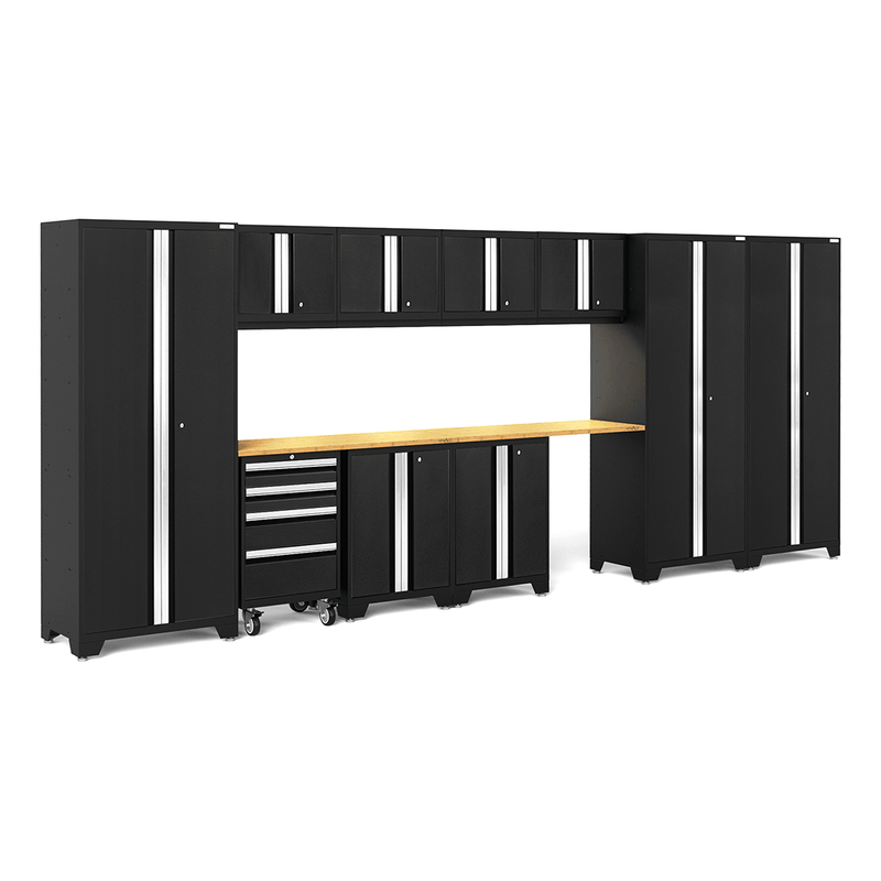 NewAge Products Bold Black 12-Piece Garage Cabinet Setup with Bamboo Worktops and LED Lights