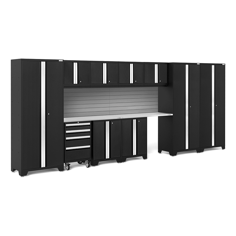 NewAge Products Bold Black 12-Piece Garage Cabinet System with Stainless Steel Worktops and Steel Slatwall Backsplash