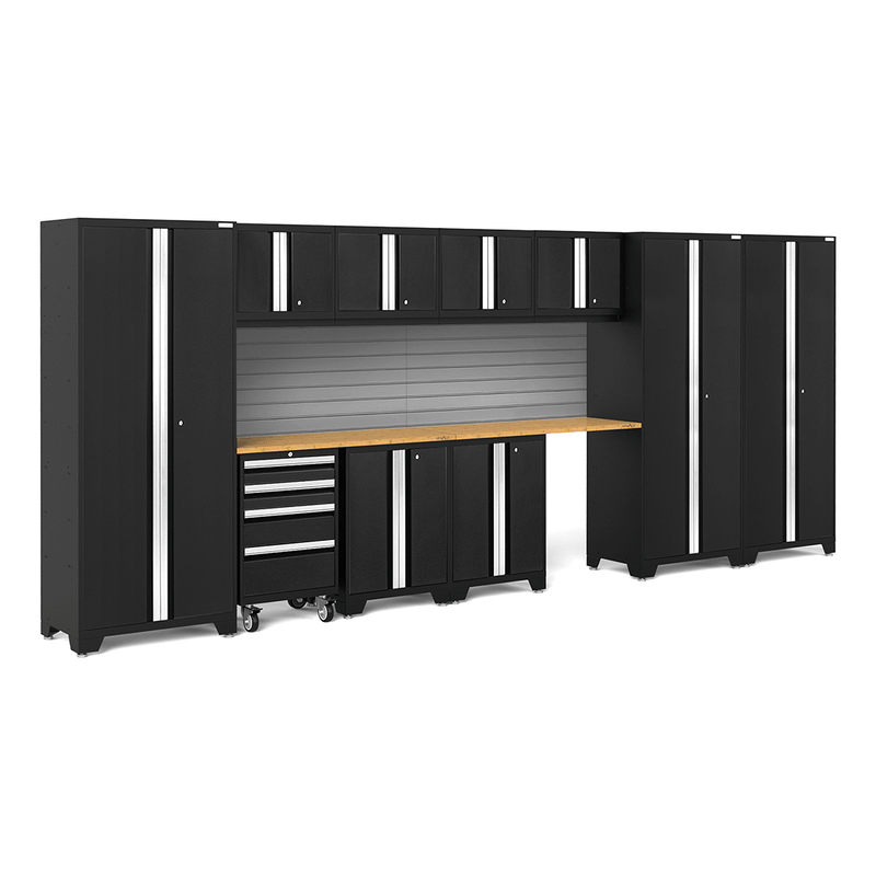 NewAge Products Bold Black 12-Piece Garage Cabinet System with Bamboo Worktops and Steel Slatwall Backsplash