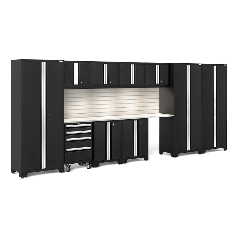 NewAge Products Bold Black 12-Piece Garage Cabinet System with Stainless Steel Worktops, LED Lights and Steel Slatwall Backsplash