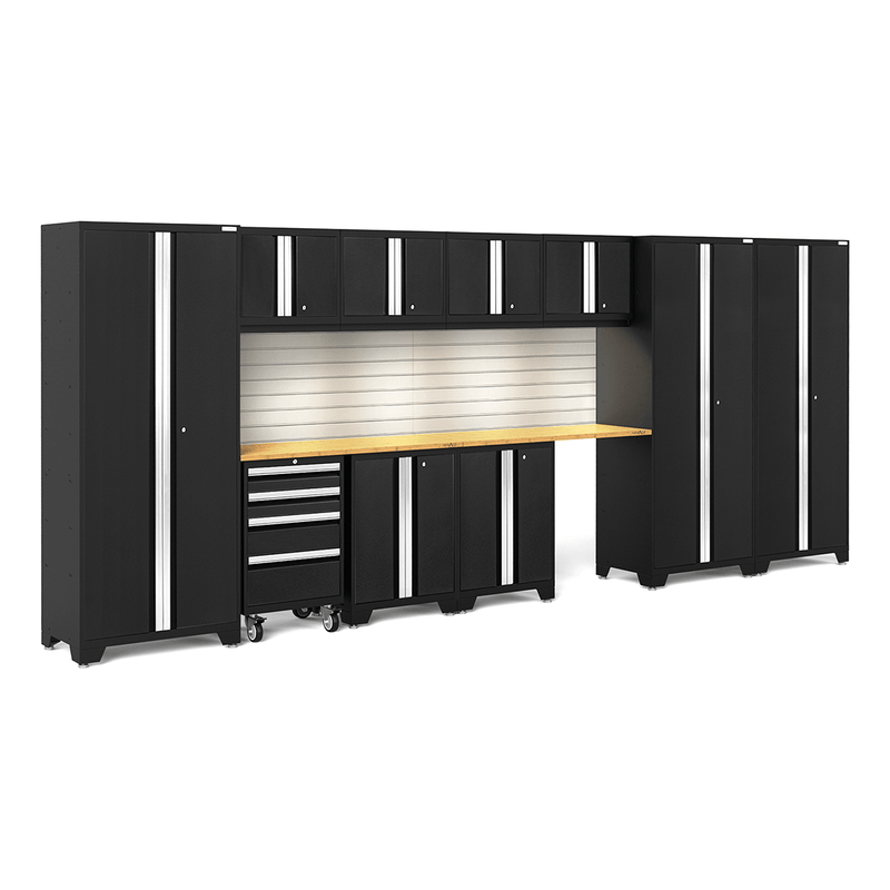 NewAge Products Bold Black 12-Piece Garage Cabinet System with Bamboo Worktops, LED Lights and Steel Slatwall Backsplash