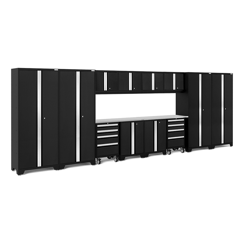 NewAge Products Bold Black 14-Piece Garage Cabinet System with Stainless Steel Worktops