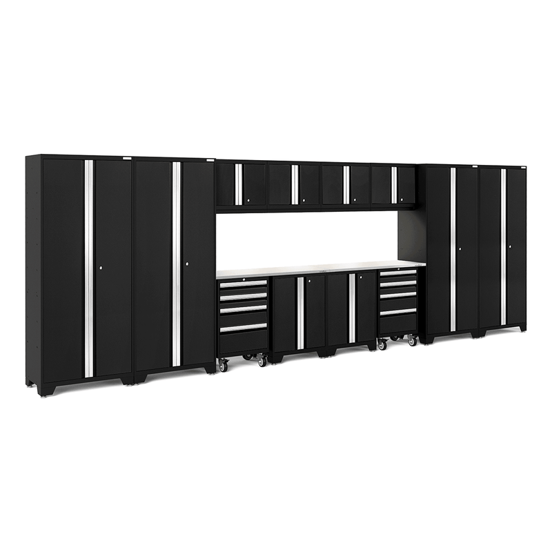 NewAge Products Bold Black 14-Piece Garage Cabinet System with Stainless Steel Worktops and LED Lights