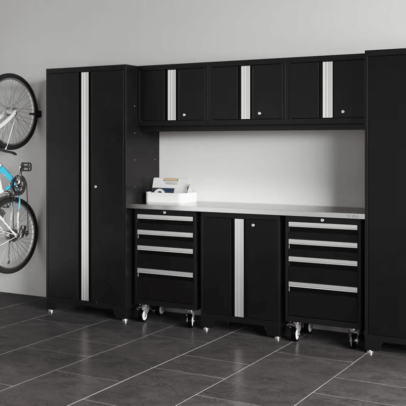 NewAge Products Bold Black 14-Piece Garage Cabinet System with Stainless Steel Worktops and LED Lights