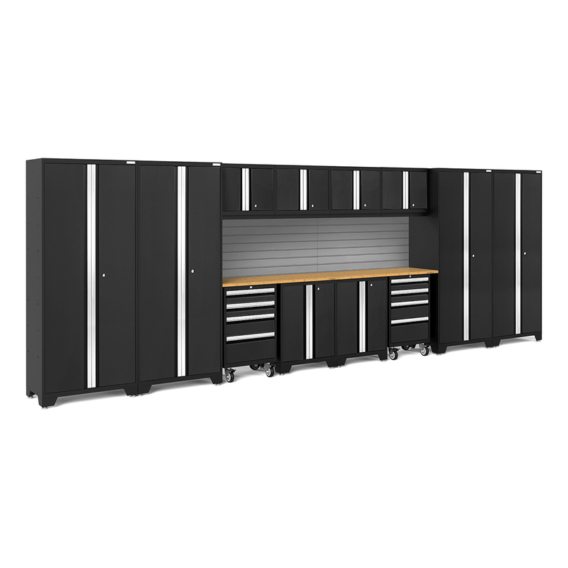 NewAge Products Bold Black 14-Piece Garage Cabinet System with Bamboo Worktops and Steel Slatwall Backsplash