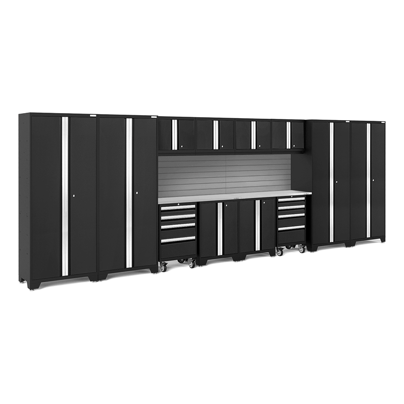 NewAge Products Bold Black 14-Piece Garage Cabinet System with Stainless Steel Worktops and Steel Slatwall Backsplash