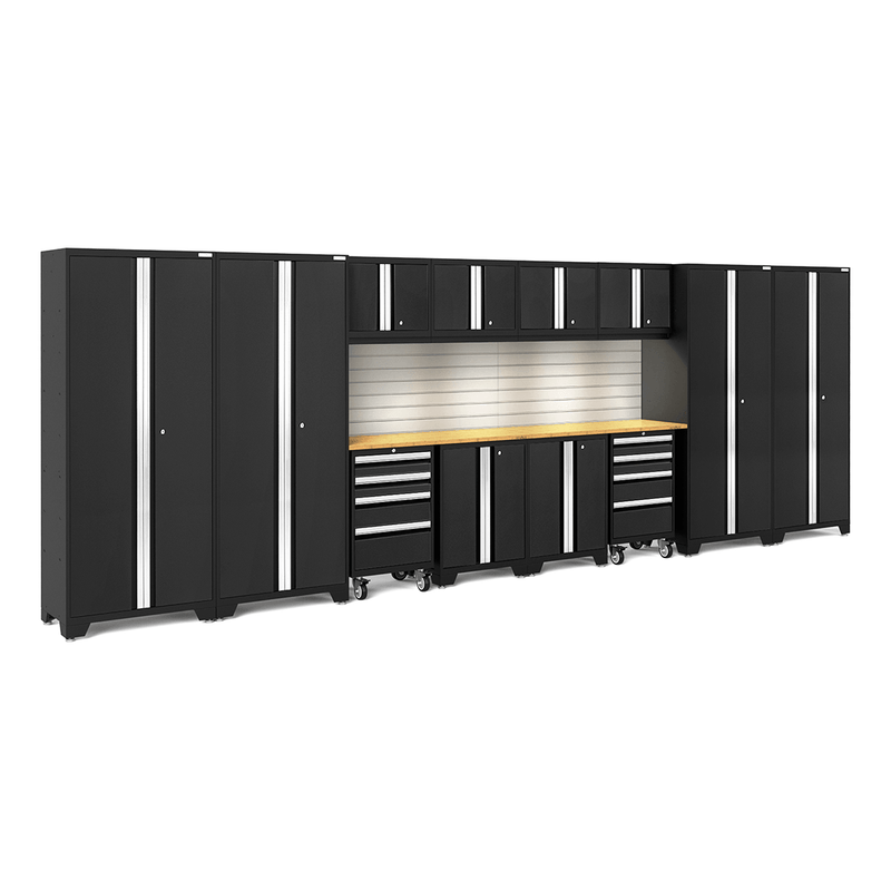 NewAge Products Bold Black 14-Piece Garage Cabinet System with Bamboo Worktops, LED Lights and Steel Slatwall Backsplash
