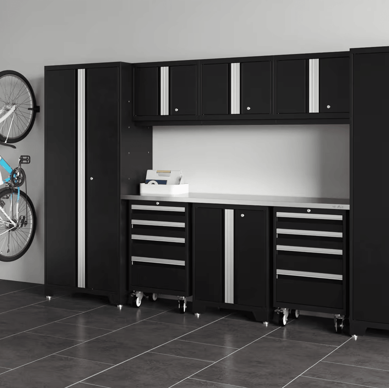 NewAge Products Bold Black 14-Piece Garage Cabinet System with Bamboo Worktops, LED Lights and Steel Slatwall Backsplash