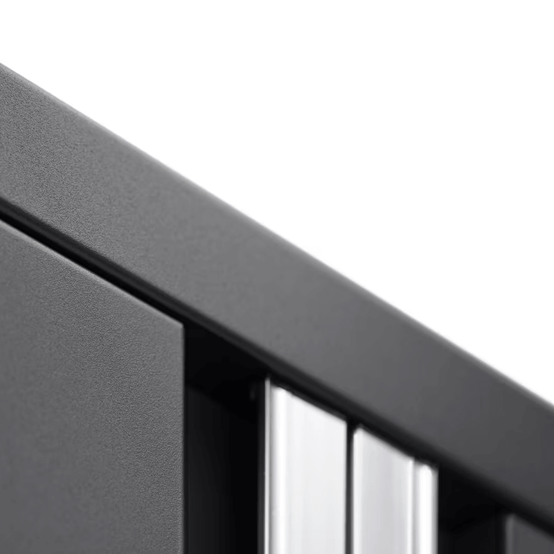 NewAge Products Bold Black 14-Piece Garage Cabinet System with Stainless Steel Worktops, LED Lights and Steel Slatwall Backsplash