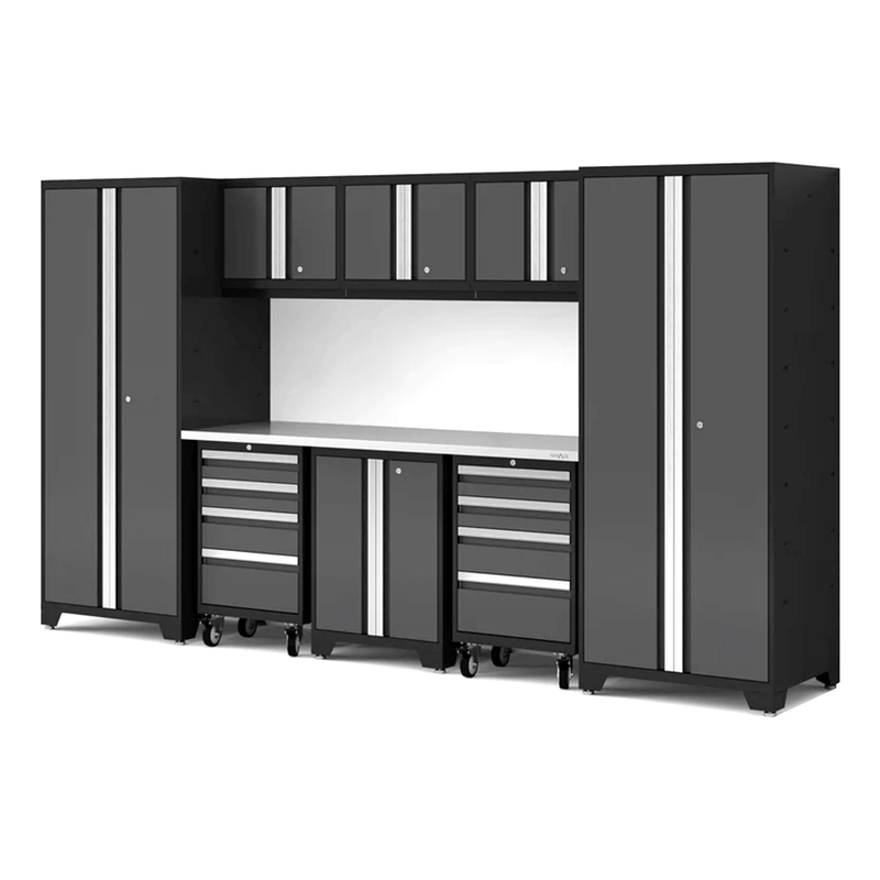 NewAge Products Bold XL Grey 9-Piece Garage Cabinet System with Stainless Steel Worktop