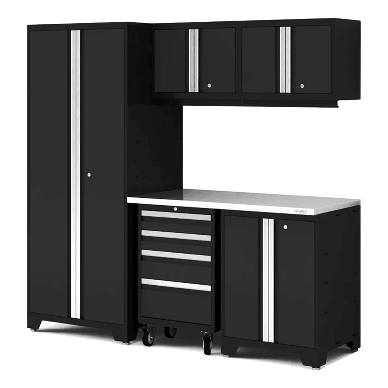 NewAge Products Bold XL Black 6-Piece Garage Cabinet System with Stainless Steel Worktop