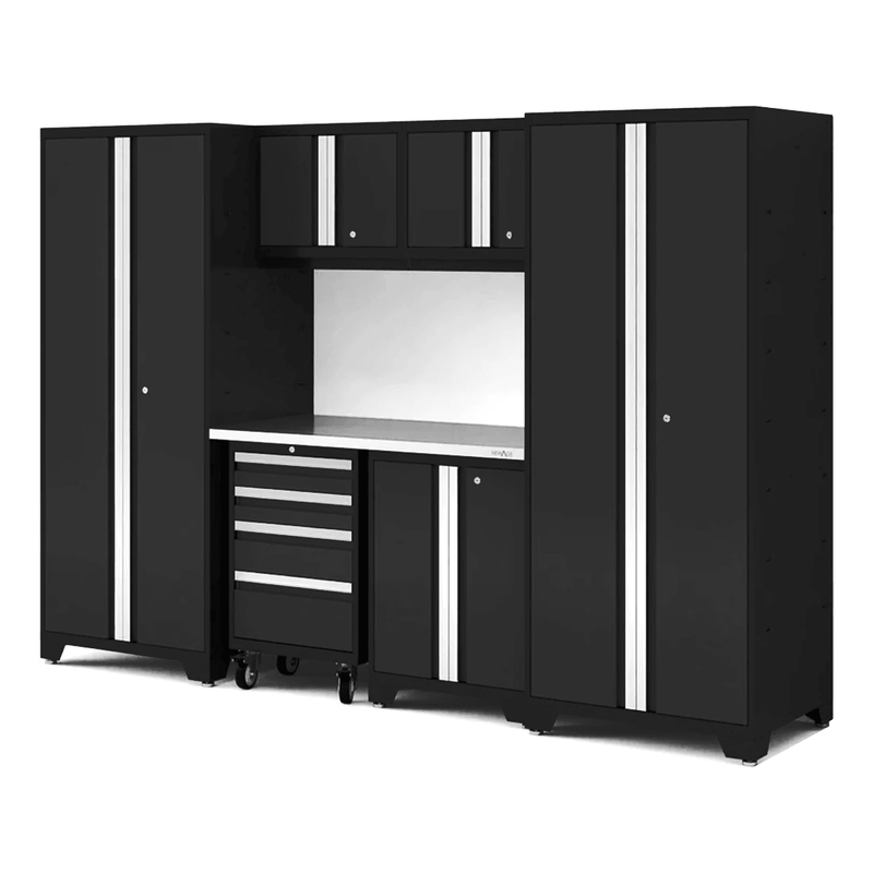 NewAge Products Bold XL Black 7-Piece Garage Cabinet System with Stainless Steel Worktop