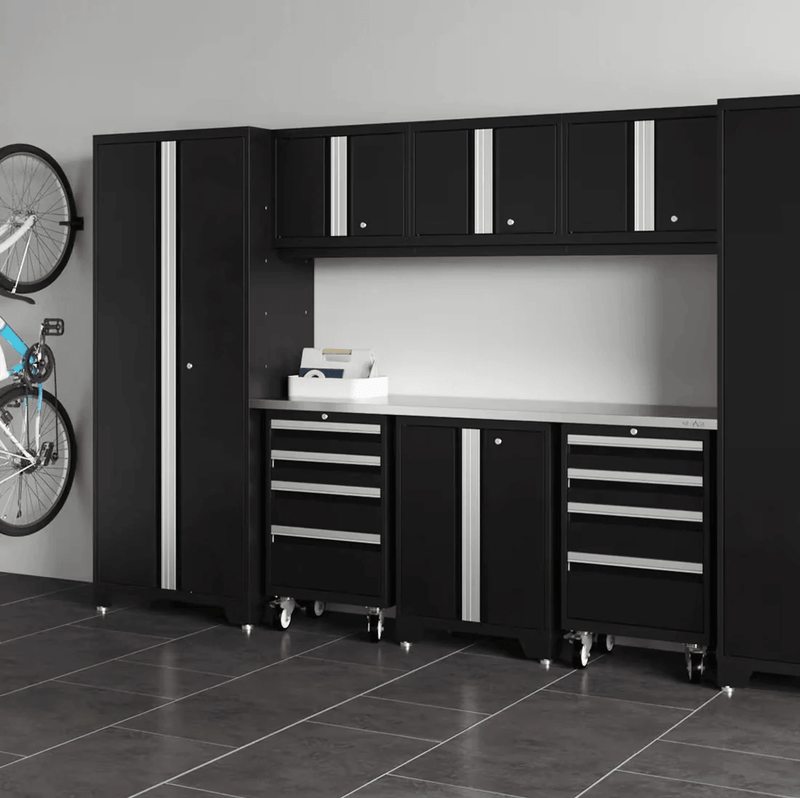 NewAge Products Bold XL Black 7-Piece Garage Cabinet System with Stainless Steel Worktop