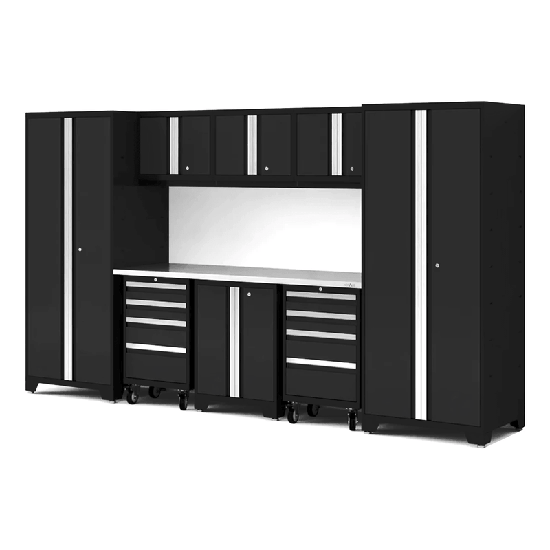 NewAge Products Bold XL Black 9-Piece Garage Cabinet System with Stainless Steel Worktop