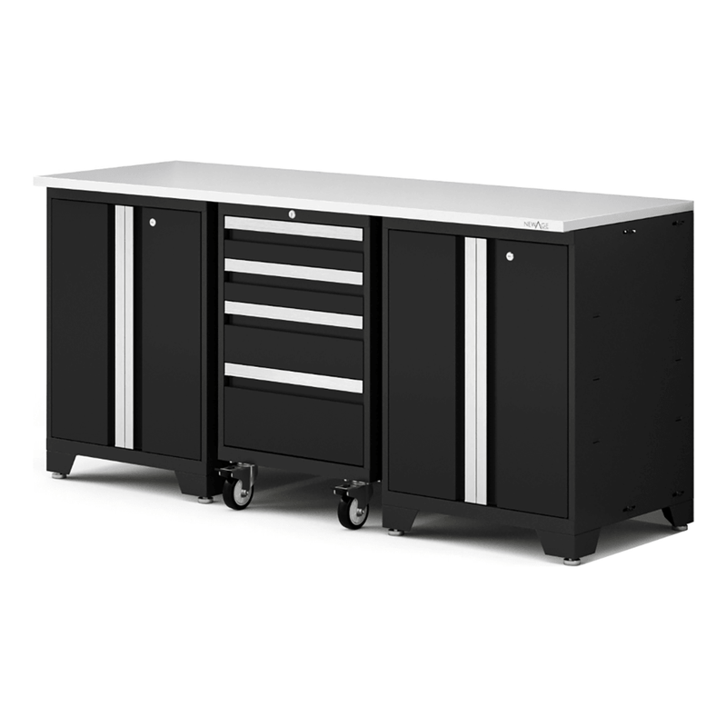 NewAge Products Bold XL Black 4-Piece Garage Cabinet System with Stainless Steel Worktop