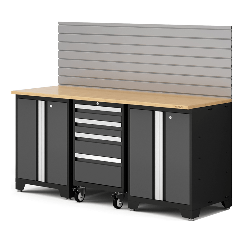 NewAge Products Bold XL Grey 4-Piece Garage Cabinet System with Bamboo Worktop and Steel Slatwall Backsplash