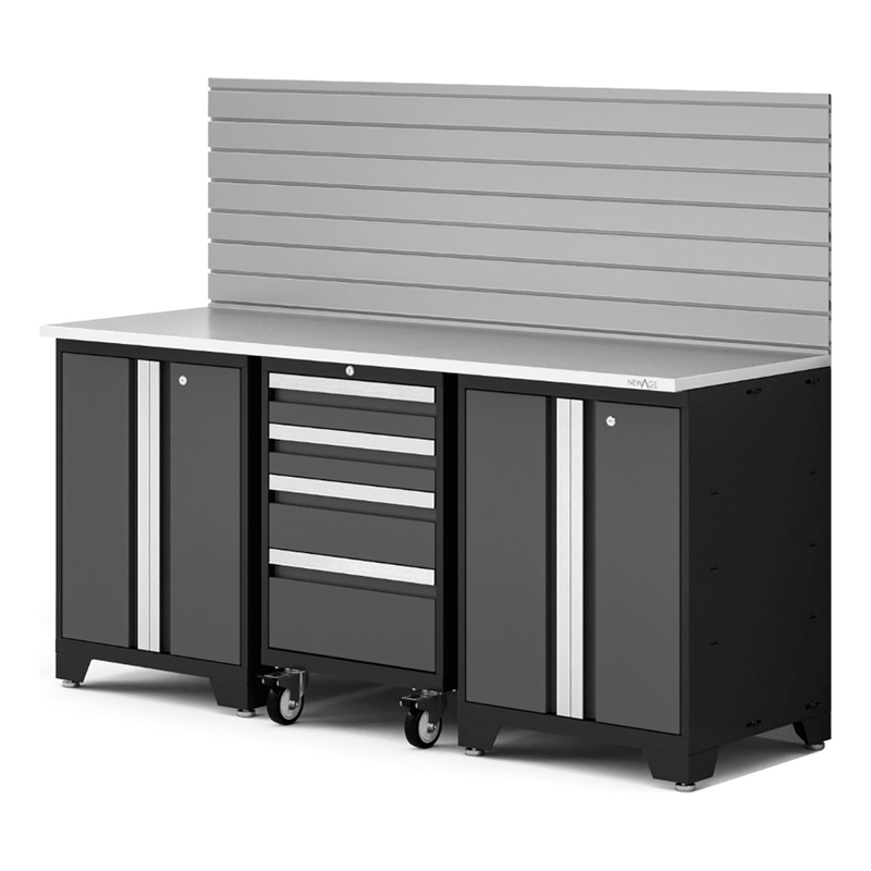 NewAge Products Bold XL Grey 4-Piece Garage Cabinet System with Stainless Steel Worktop and Steel Slatwall Backsplash