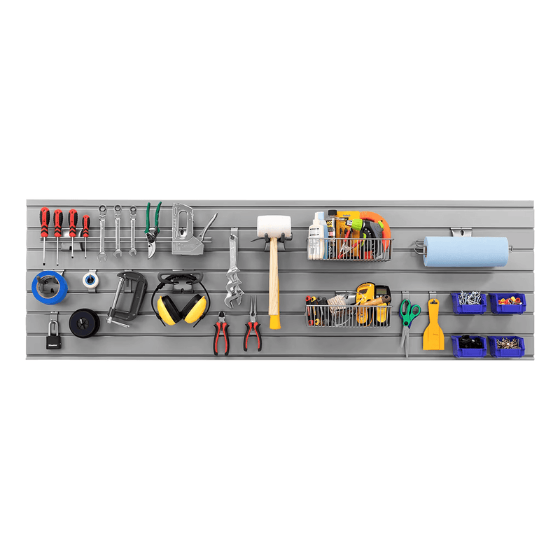NewAge Products Bold XL Grey 4-Piece Garage Cabinet System with Stainless Steel Worktop and Steel Slatwall Backsplash