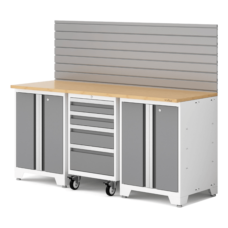 NewAge Products Bold XL Platinum 4-Piece Garage Cabinet System with Bamboo Worktop and Steel Slatwall Backsplash