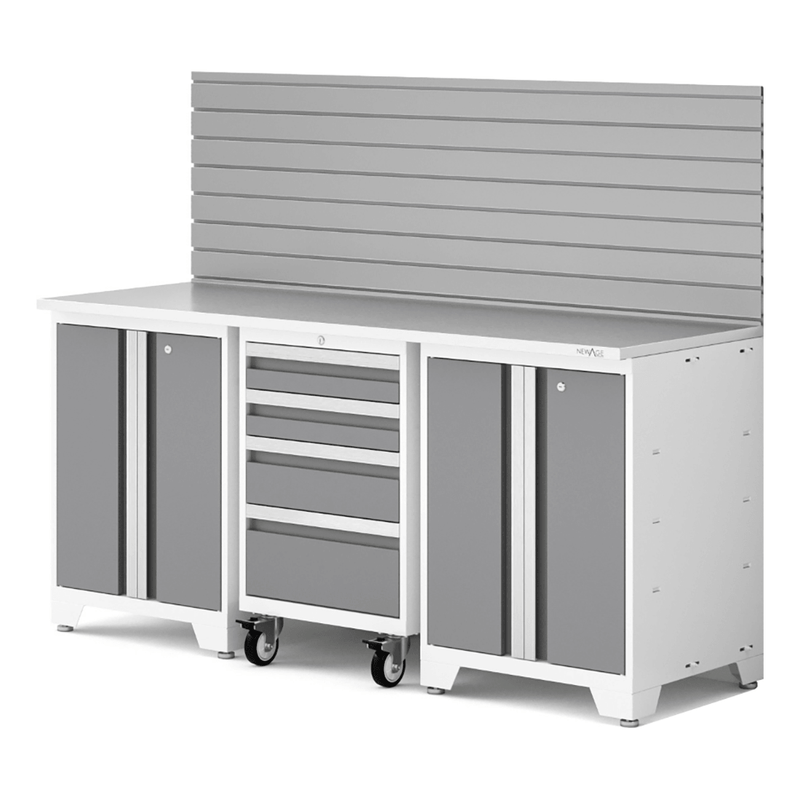 NewAge Products Bold XL Platinum 4-Piece Garage Cabinet System with Stainless Steel Worktop and Steel Slatwall Backsplash