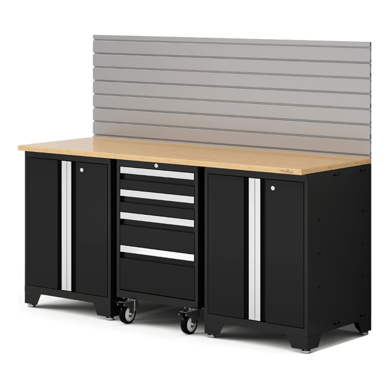 NewAge Products Bold XL Black 4-Piece Garage Cabinet System with Bamboo Worktop and Steel Slatwall Backsplash