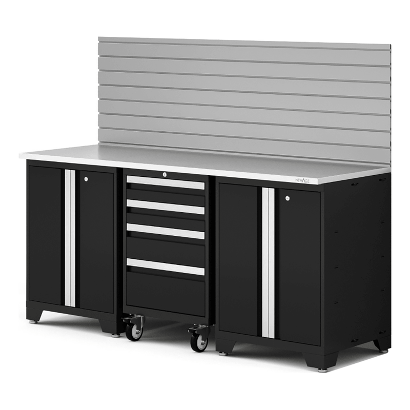 NewAge Products Bold XL Black 4-Piece Garage Cabinet System with Stainless Steel Worktop and Steel Slatwall Backsplash