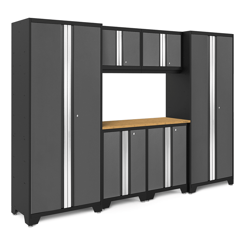 NewAge Products Bold Grey 7-Piece RTA Garage Cabinet System with Bamboo Worktop