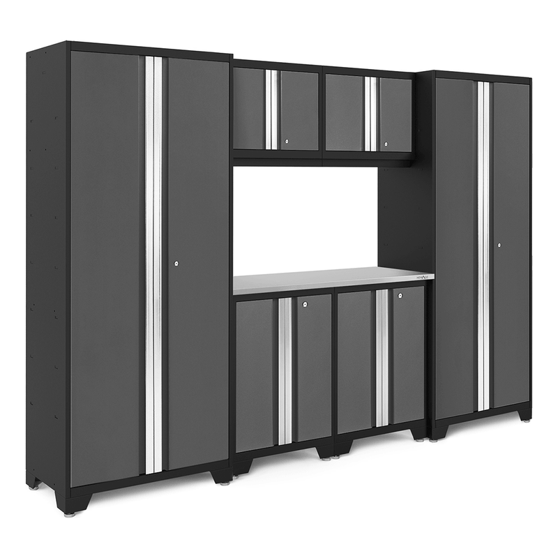 NewAge Products Bold Grey 7-Piece RTA Garage Cabinet System with Stainless Steel Worktop