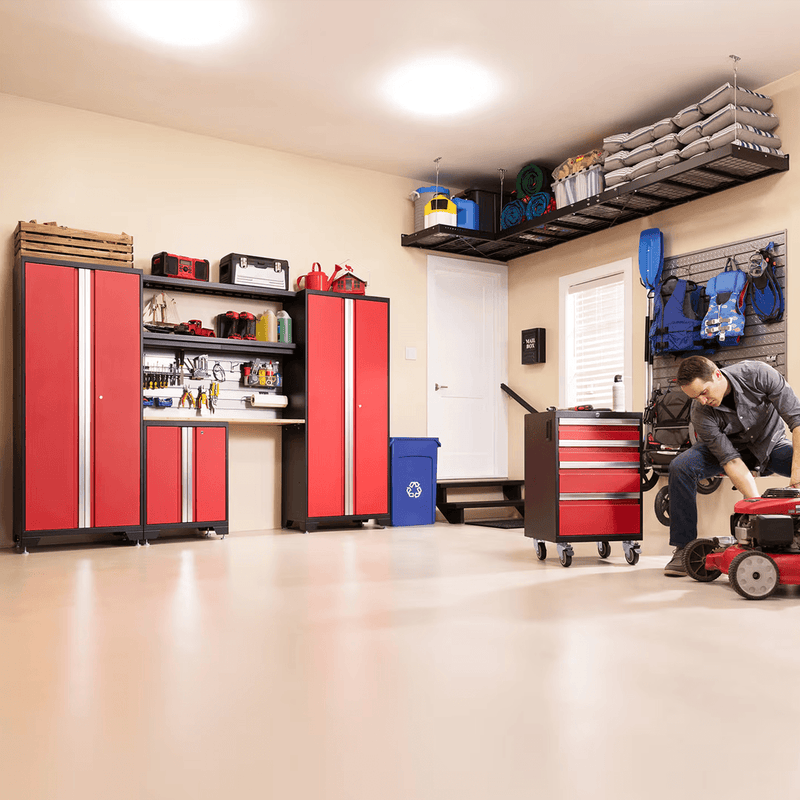 NewAge Products Bold Red 10-Piece RTA Garage Cabinet System with Stainless Steel Worktop