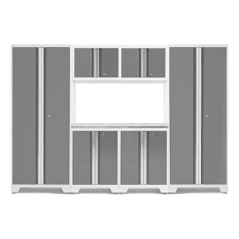 NewAge Products Bold Platinum 7-Piece RTA Garage Cabinet System with Stainless Steel Worktop