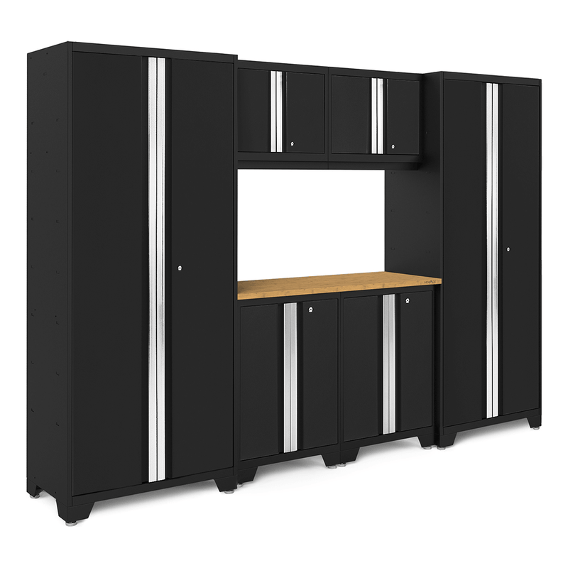 NewAge Products Bold Black 7-Piece RTA Garage Cabinet System with Bamboo Worktop