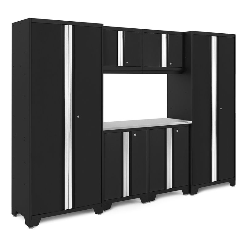 NewAge Products Bold Black 7-Piece RTA Garage Cabinet System with Stainless Steel Worktop