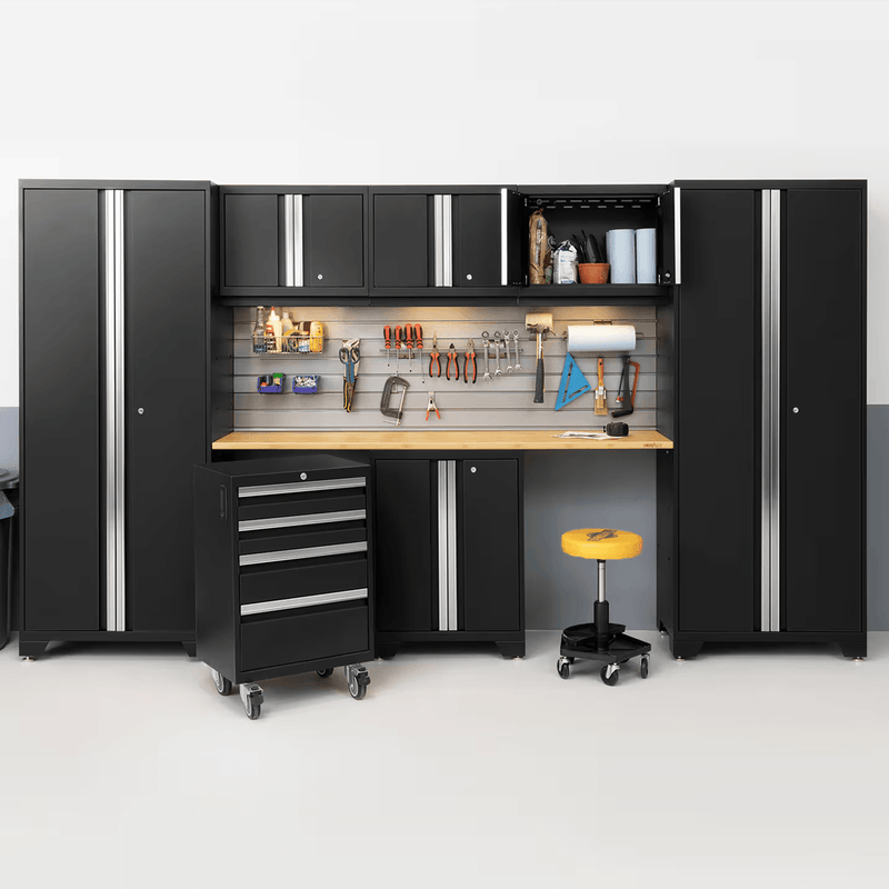 NewAge Products Bold Black 7-Piece RTA Garage Cabinet System with Stainless Steel Worktop