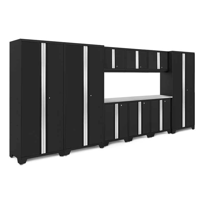 NewAge Products Bold Black 10-Piece RTA Garage Cabinet System with Stainless Steel Worktop